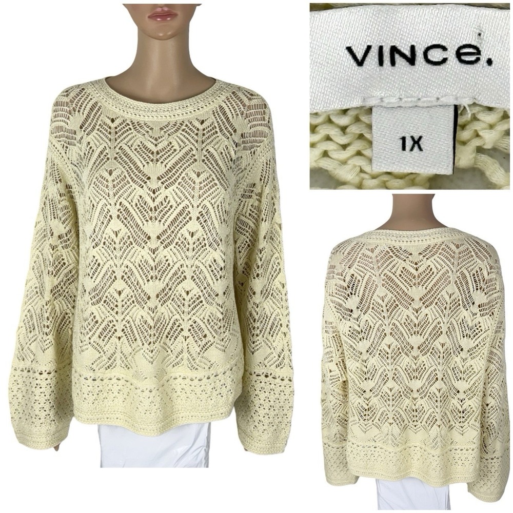 Vince Womens 1X Sweater Open Knit Yellow Crochet Organic Cotton Lace Casual EUC